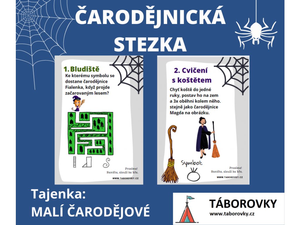 Stezka čarodějnice - kombinace úkolů kdy děti cvičí s koštětem a plní vědomostní úkoly